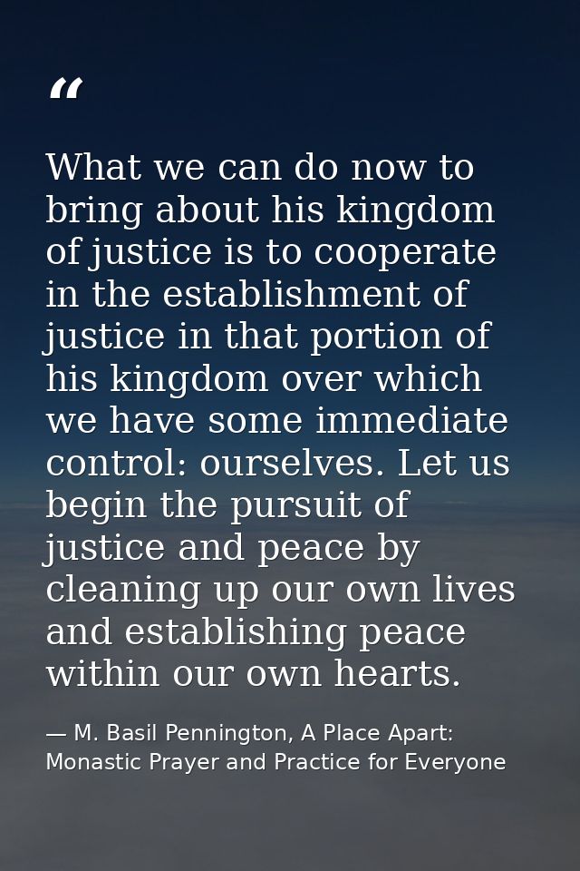 What we can do now to bring about his kingdom of justice is to cooperate in the establishment of justice in that portion — M. Basil Pennington, A Place Apart: Monastic Prayer and Practice for Everyone