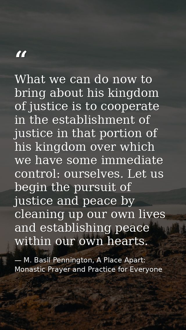 What we can do now to bring about his kingdom of justice is to cooperate in the establishment of justice in that portion — M. Basil Pennington, A Place Apart: Monastic Prayer and Practice for Everyone