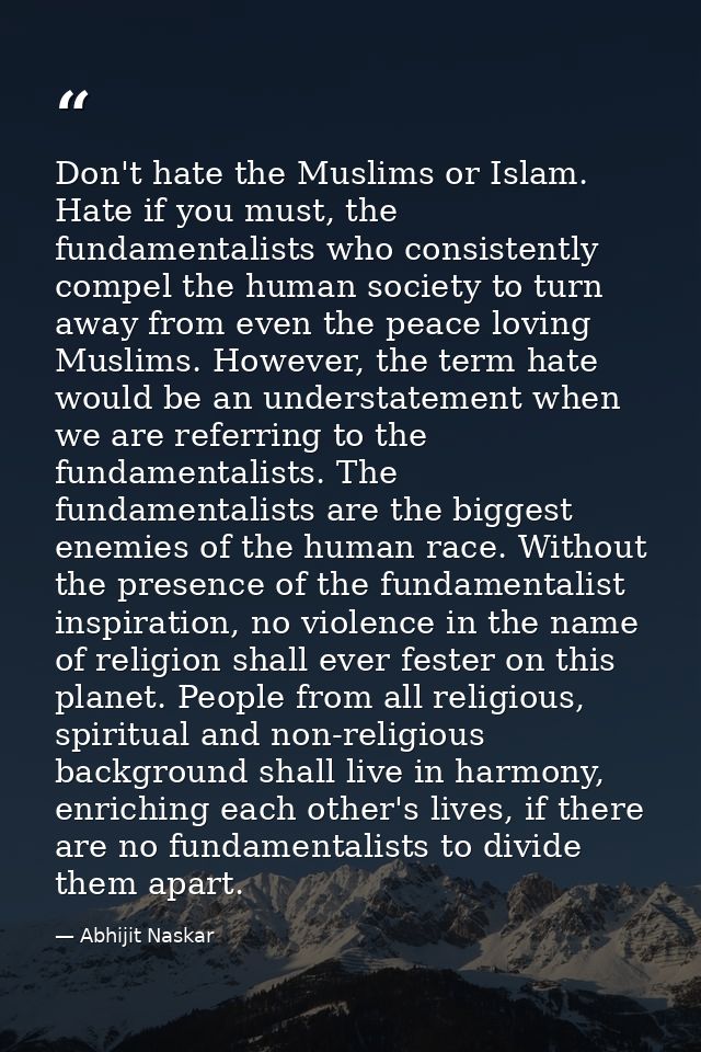 Don't hate the Muslims or Islam. Hate if you must, the fundamentalists who consistently compel the human society to turn — Abhijit Naskar