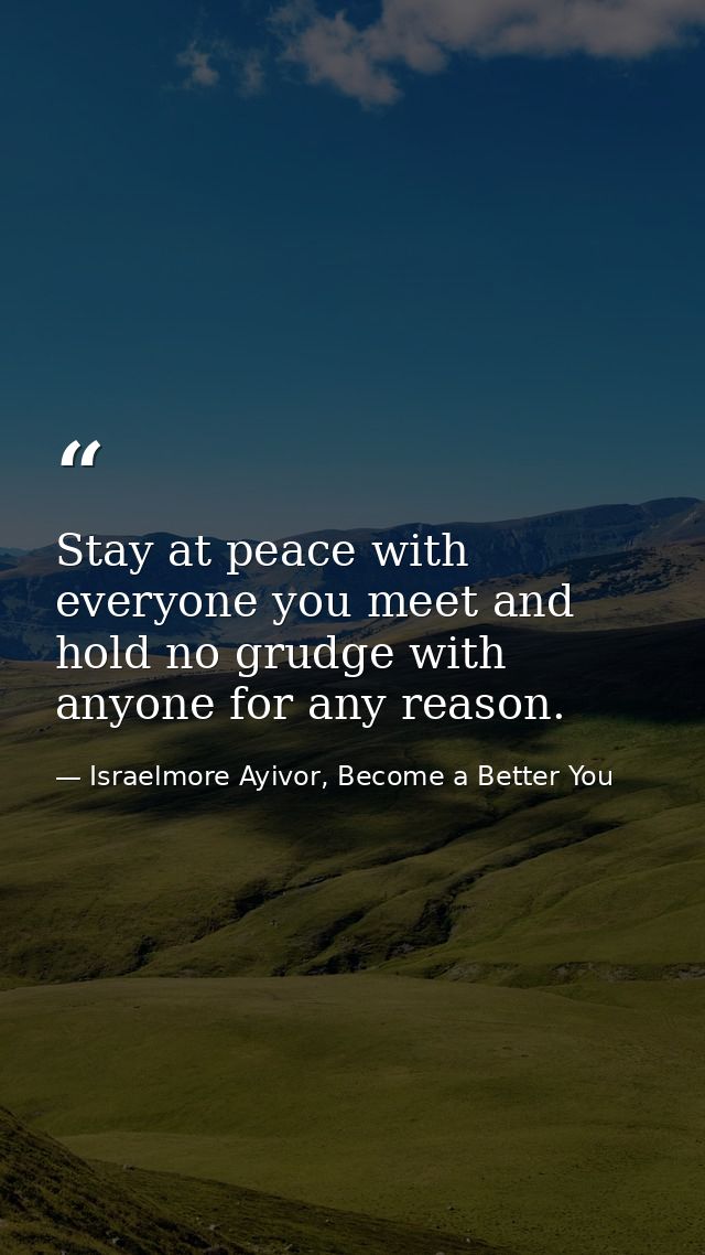 Stay at peace with everyone you meet and hold no grudge with anyone for any reason. — Israelmore Ayivor, Become a Better You