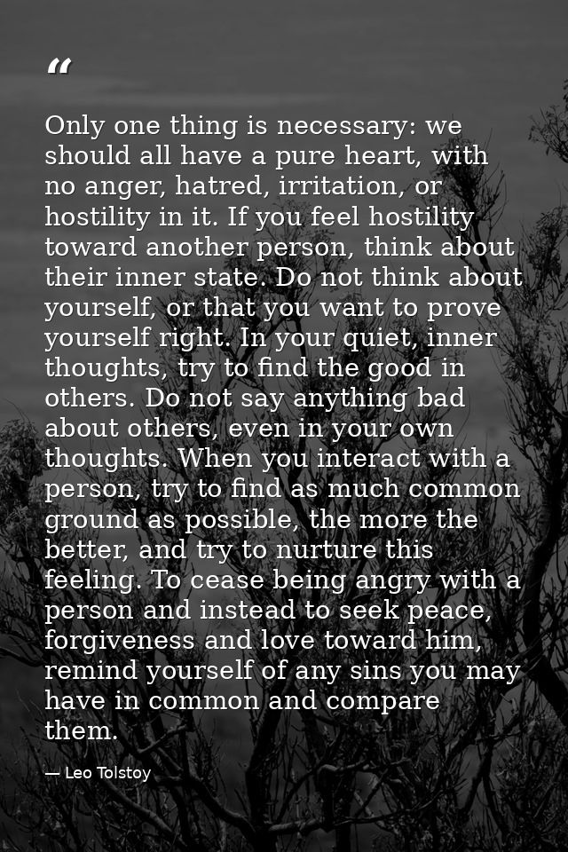 Only one thing is necessary: we should all have a pure heart, with no anger, hatred, irritation, or hostility in it. If  — Leo Tolstoy
