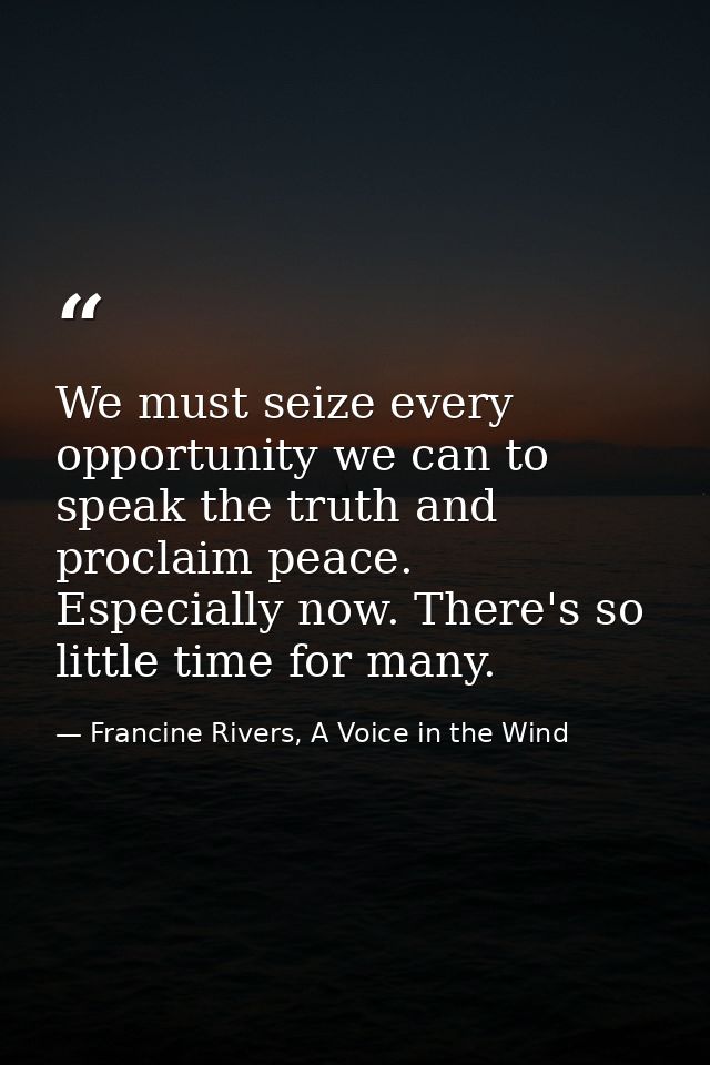 We must seize every opportunity we can to speak the truth and proclaim peace. Especially now. There's so little time for — Francine Rivers, A Voice in the Wind