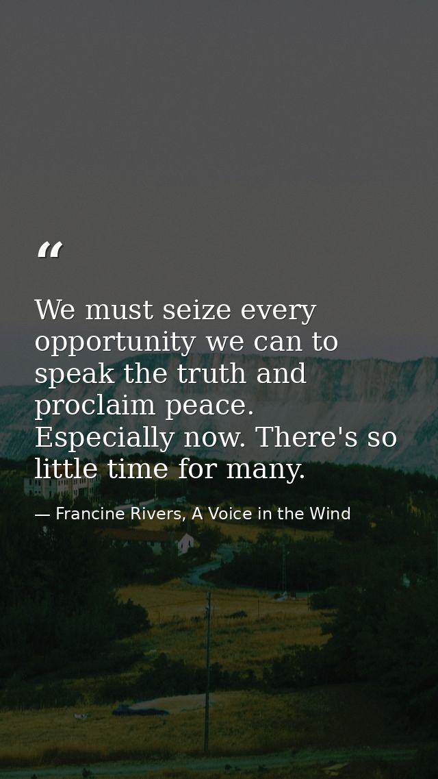 We must seize every opportunity we can to speak the truth and proclaim peace. Especially now. There's so little time for — Francine Rivers, A Voice in the Wind