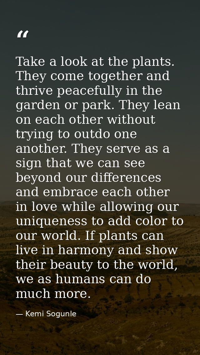Take a look at the plants. They come together and thrive peacefully in the garden or park. They lean on each other witho — Kemi Sogunle