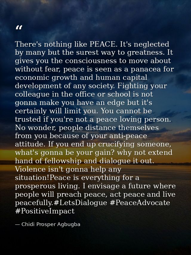 There's nothing like PEACE. It's neglected by many but the surest way to greatness. It gives you the consciousness to mo — Chidi Prosper Agbugba