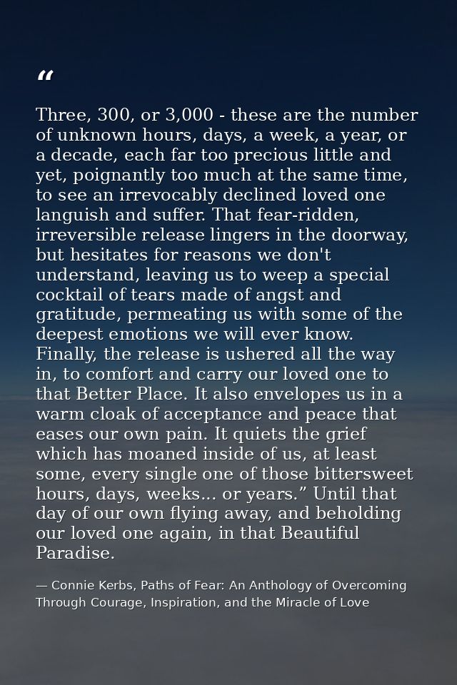 Three, 300, or 3,000 - these are the number of unknown hours, days, a week, a year, or a decade, each far too precious l — Connie Kerbs, Paths of Fear: An Anthology of Overcoming Through Courage, Inspiration, and the Miracle of Love