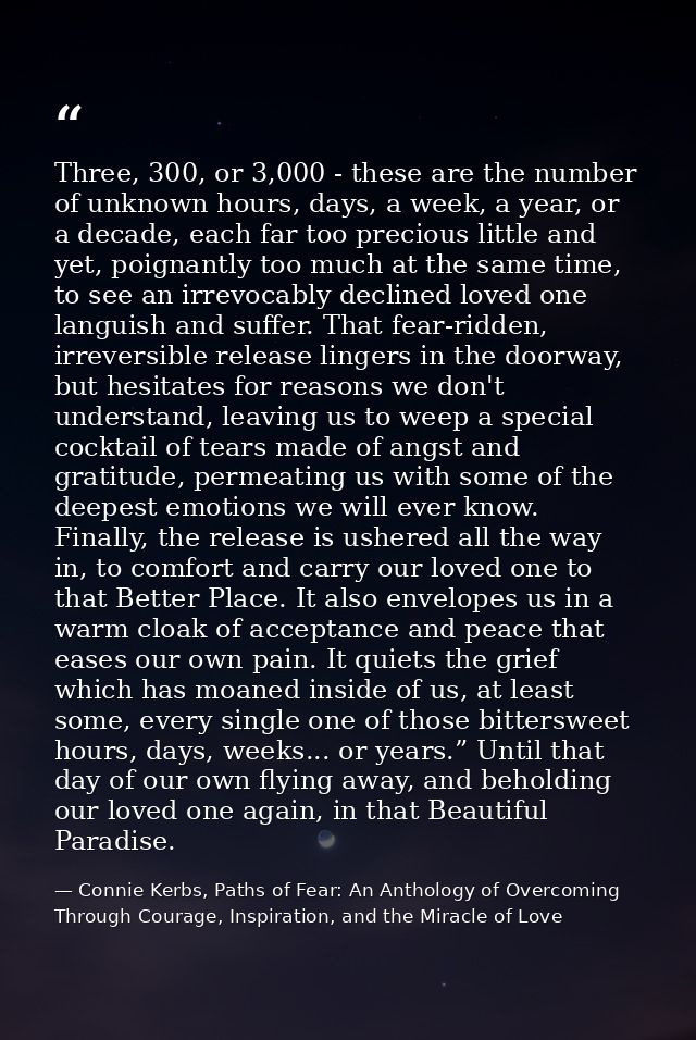Three, 300, or 3,000 - these are the number of unknown hours, days, a week, a year, or a decade, each far too precious l — Connie Kerbs, Paths of Fear: An Anthology of Overcoming Through Courage, Inspiration, and the Miracle of Love