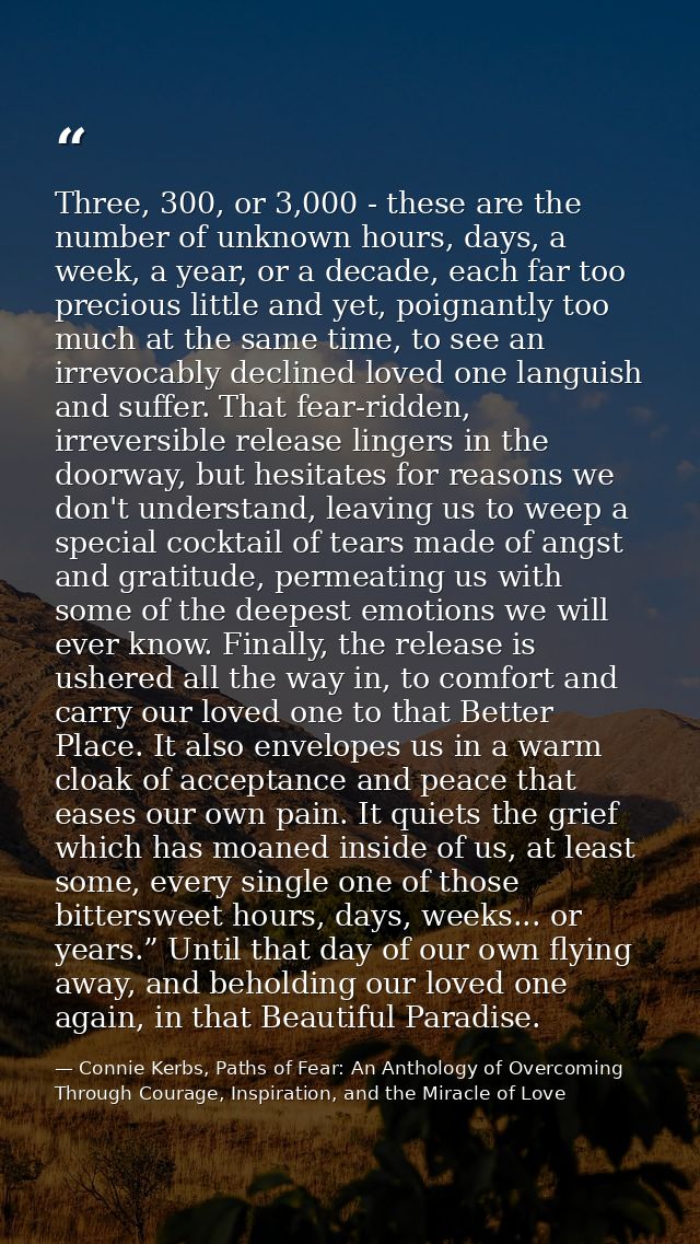Three, 300, or 3,000 - these are the number of unknown hours, days, a week, a year, or a decade, each far too precious l — Connie Kerbs, Paths of Fear: An Anthology of Overcoming Through Courage, Inspiration, and the Miracle of Love