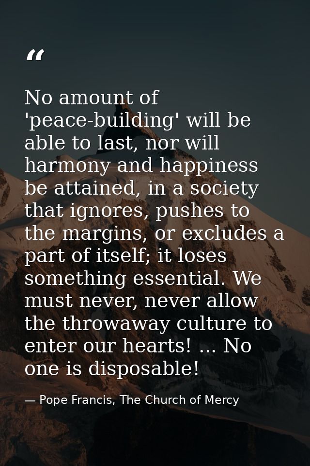 No amount of 'peace-building' will be able to last, nor will harmony and happiness be attained, in a society that ignore — Pope Francis, The Church of Mercy