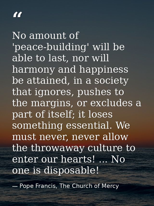 No amount of 'peace-building' will be able to last, nor will harmony and happiness be attained, in a society that ignore — Pope Francis, The Church of Mercy