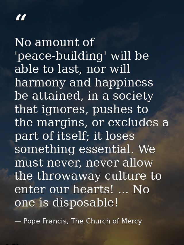 No amount of 'peace-building' will be able to last, nor will harmony and happiness be attained, in a society that ignore — Pope Francis, The Church of Mercy