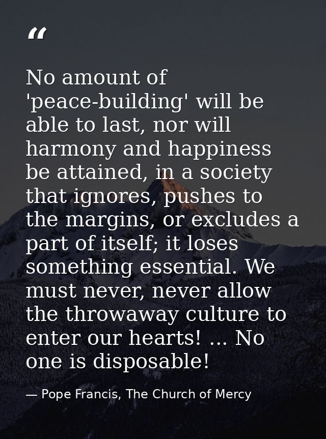 No amount of 'peace-building' will be able to last, nor will harmony and happiness be attained, in a society that ignore — Pope Francis, The Church of Mercy