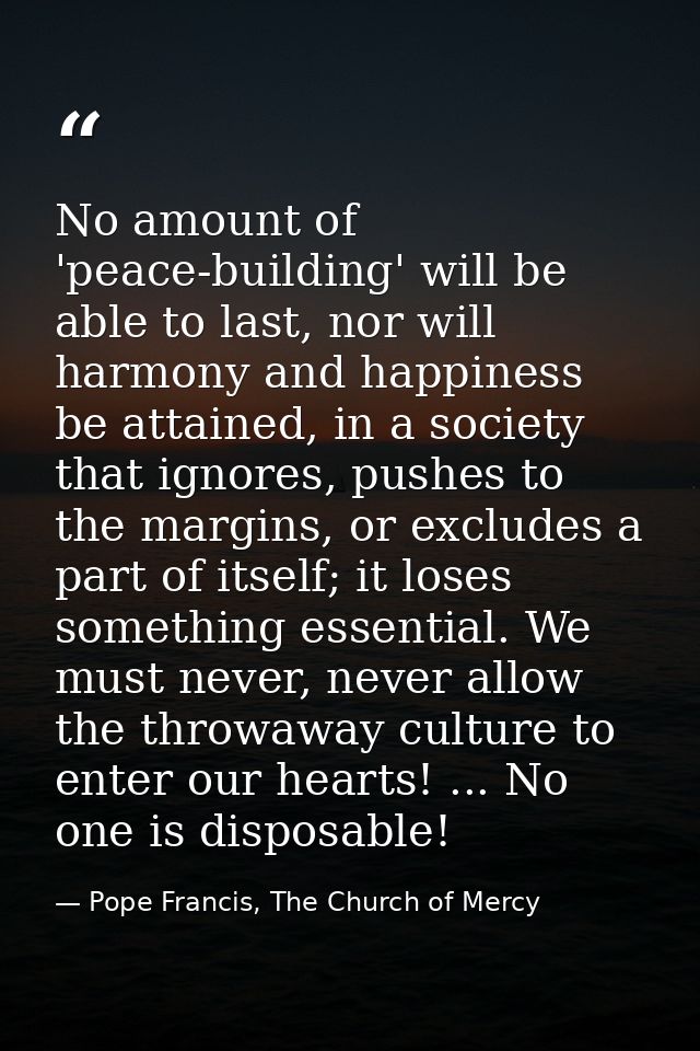 No amount of 'peace-building' will be able to last, nor will harmony and happiness be attained, in a society that ignore — Pope Francis, The Church of Mercy