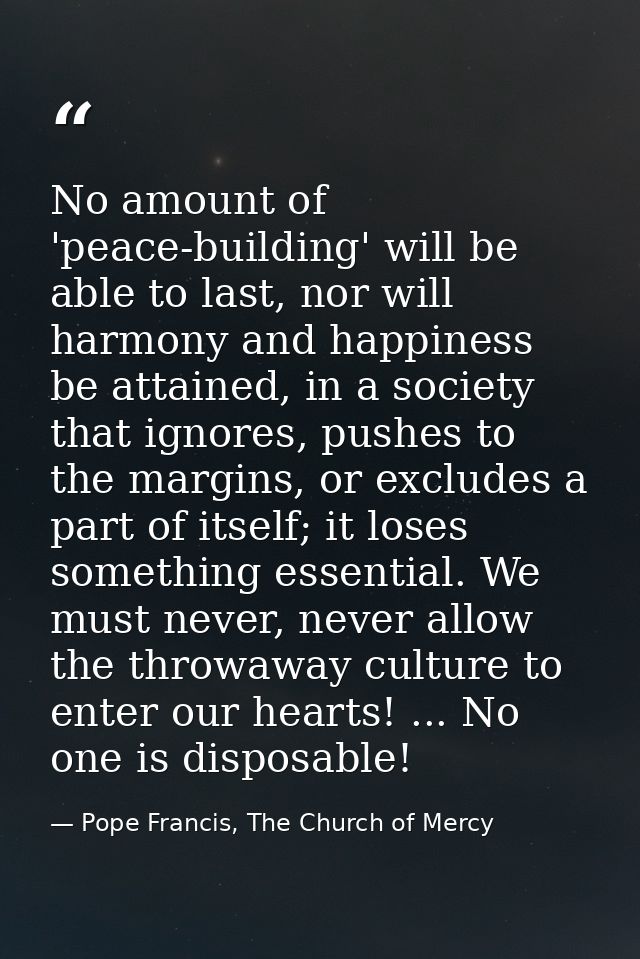 No amount of 'peace-building' will be able to last, nor will harmony and happiness be attained, in a society that ignore — Pope Francis, The Church of Mercy