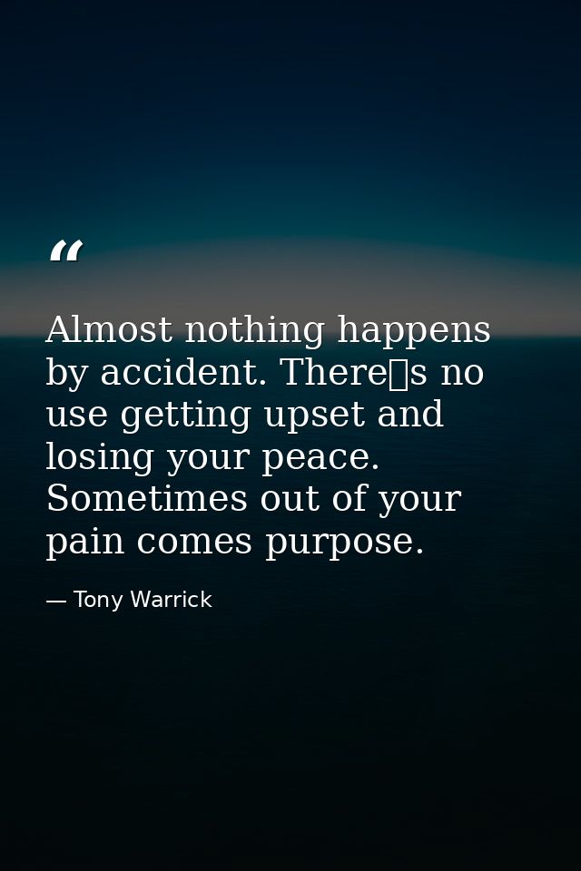 Almost nothing happens by accident. Theres no use getting upset and losing your peace. Sometimes out of your pain comes — Tony Warrick