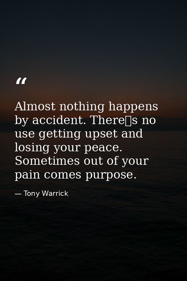 Almost nothing happens by accident. Theres no use getting upset and losing your peace. Sometimes out of your pain comes — Tony Warrick