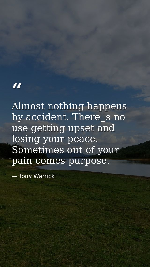 Almost nothing happens by accident. Theres no use getting upset and losing your peace. Sometimes out of your pain comes — Tony Warrick