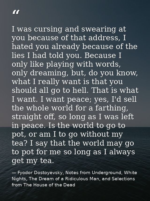 I was cursing and swearing at you because of that address, I hated you already because of the lies I had told you. Becau — Fyodor Dostoyevsky, Notes from Underground, White Nights, The Dream of a Ridiculous Man, and Selections from The House of the Dead