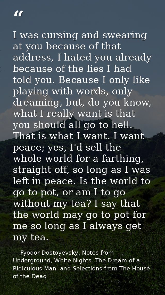I was cursing and swearing at you because of that address, I hated you already because of the lies I had told you. Becau — Fyodor Dostoyevsky, Notes from Underground, White Nights, The Dream of a Ridiculous Man, and Selections from The House of the Dead