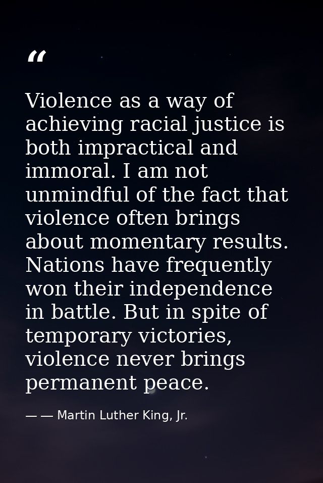 Violence as a way of achieving racial justice is both impractical and immoral. I am not unmindful of the fact that viole — ― Martin Luther King, Jr.