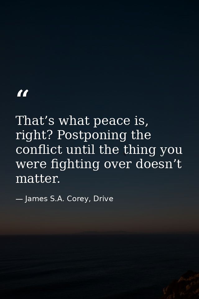 That’s what peace is, right? Postponing the conflict until the thing you were fighting over doesn’t matter. — James S.A. Corey, Drive
