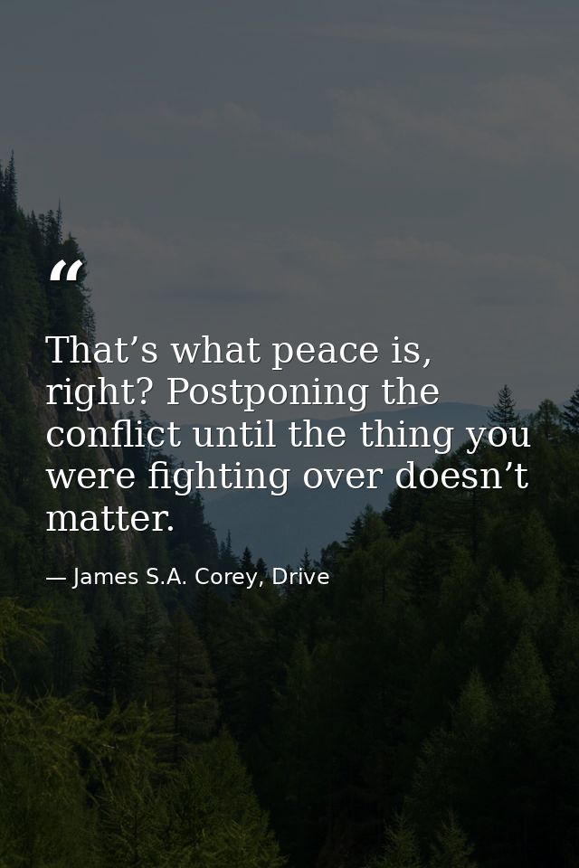 That’s what peace is, right? Postponing the conflict until the thing you were fighting over doesn’t matter. — James S.A. Corey, Drive