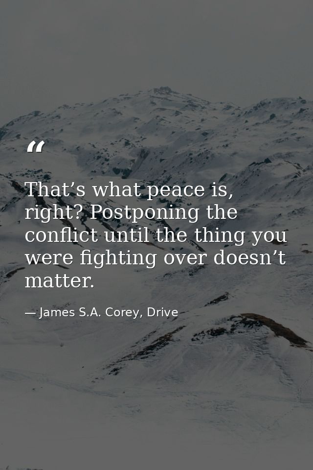 That’s what peace is, right? Postponing the conflict until the thing you were fighting over doesn’t matter. — James S.A. Corey, Drive