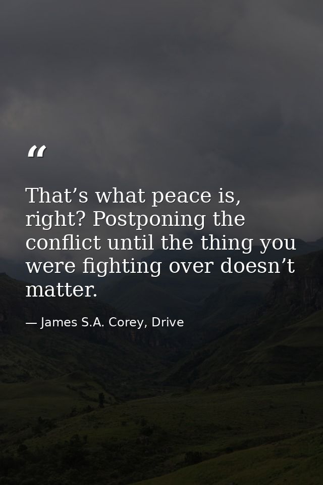 That’s what peace is, right? Postponing the conflict until the thing you were fighting over doesn’t matter. — James S.A. Corey, Drive