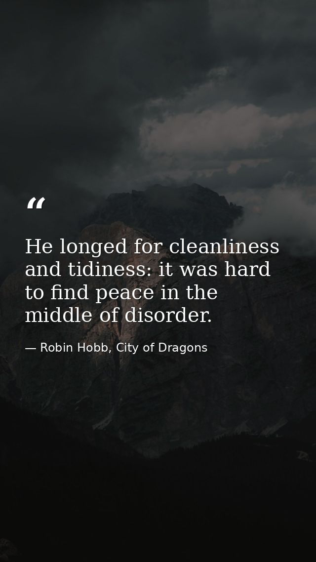 He longed for cleanliness and tidiness: it was hard to find peace in the middle of disorder. — Robin Hobb, City of Dragons