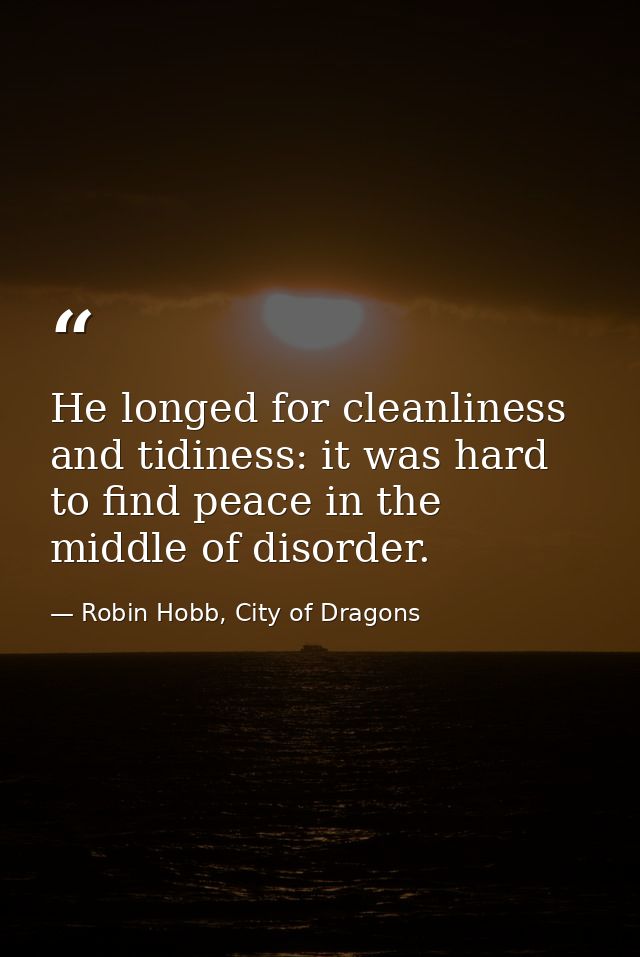 He longed for cleanliness and tidiness: it was hard to find peace in the middle of disorder. — Robin Hobb, City of Dragons