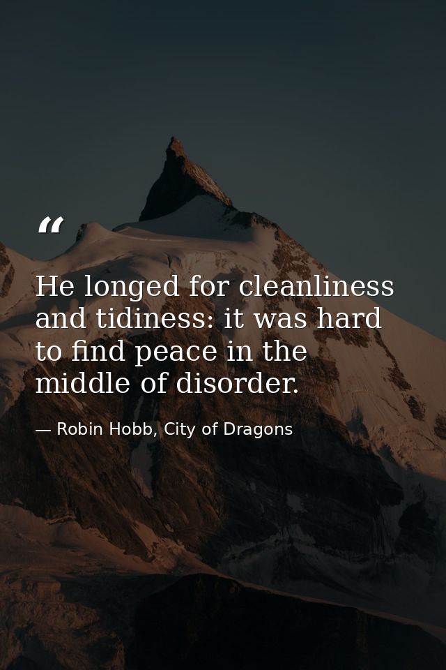 He longed for cleanliness and tidiness: it was hard to find peace in the middle of disorder. — Robin Hobb, City of Dragons
