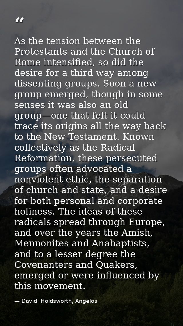 As the tension between the Protestants and the Church of Rome intensified, so did the desire for a third way among disse — David  Holdsworth, Angelos
