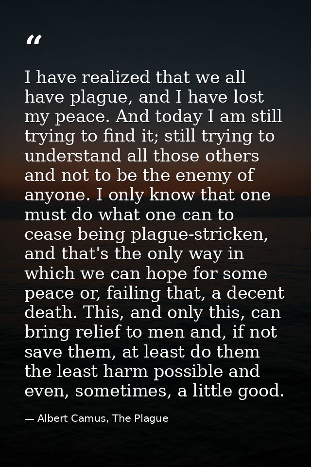 I have realized that we all have plague, and I have lost my peace. And today I am still trying to find it; still trying  — Albert Camus, The Plague