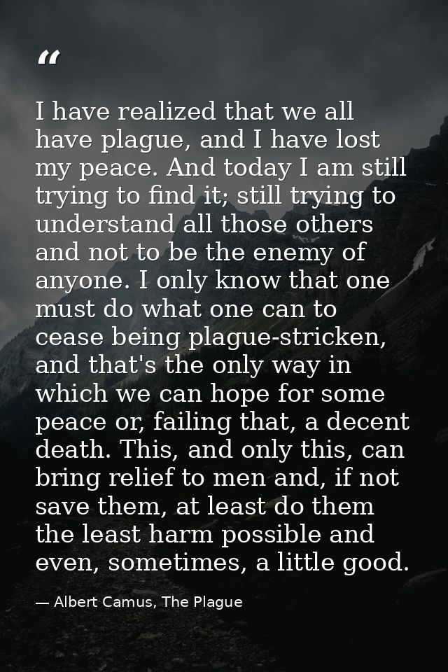 I have realized that we all have plague, and I have lost my peace. And today I am still trying to find it; still trying  — Albert Camus, The Plague