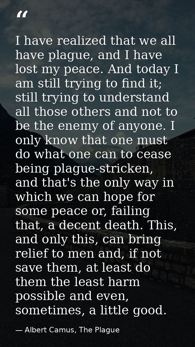 I have realized that we all have plague, and I have lost my peace. And today I am still trying to find it; still trying  — Albert Camus, The Plague