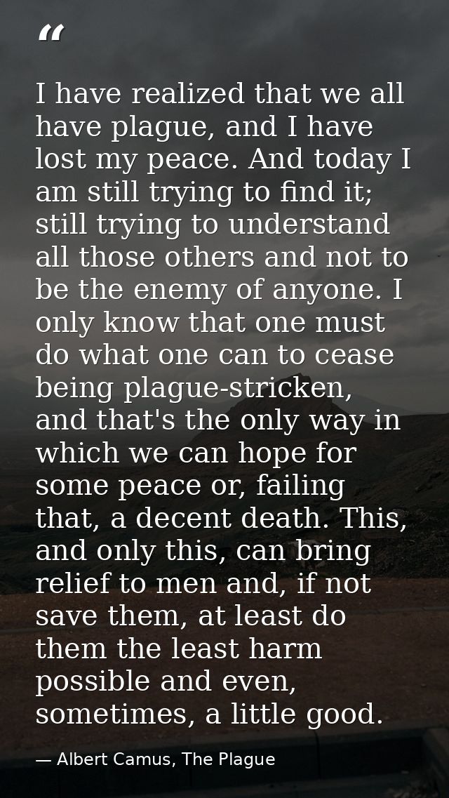 I have realized that we all have plague, and I have lost my peace. And today I am still trying to find it; still trying  — Albert Camus, The Plague