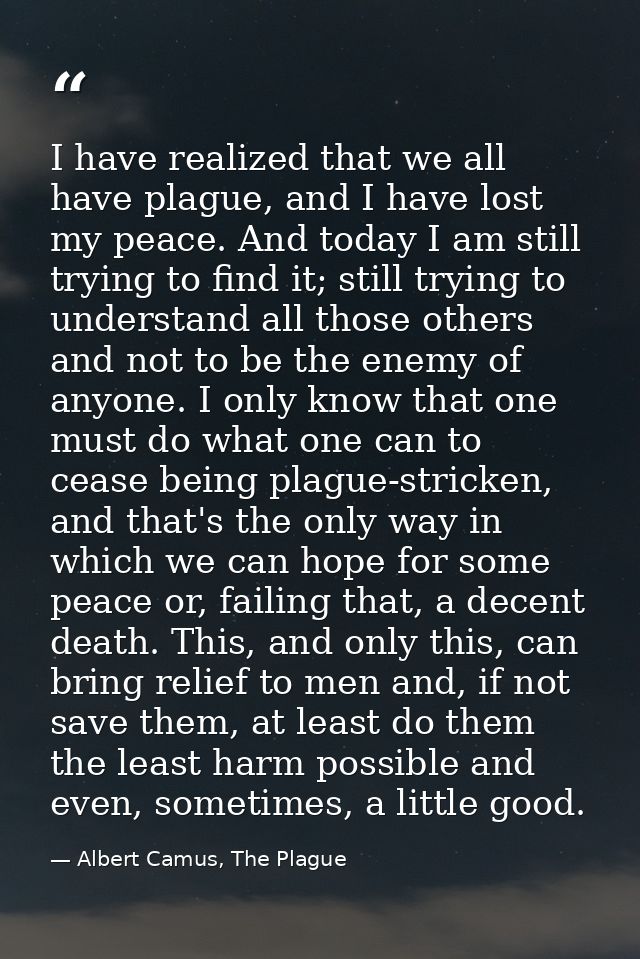 I have realized that we all have plague, and I have lost my peace. And today I am still trying to find it; still trying  — Albert Camus, The Plague