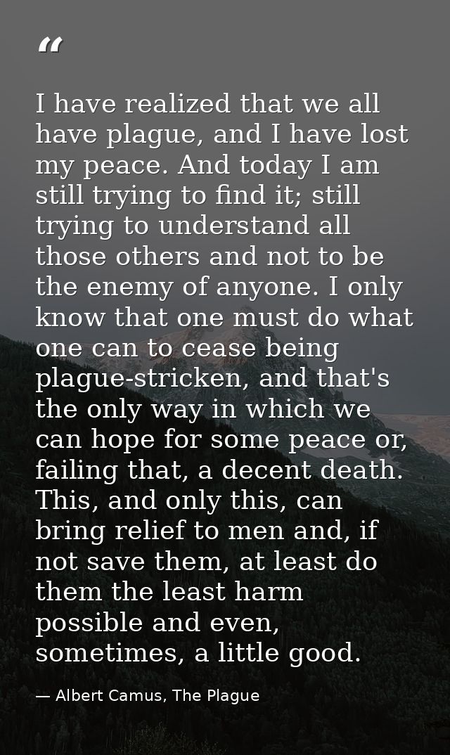 I have realized that we all have plague, and I have lost my peace. And today I am still trying to find it; still trying  — Albert Camus, The Plague
