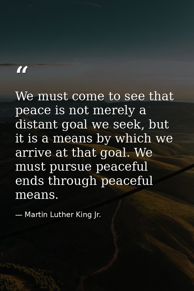 We must come to see that peace is not merely a distant goal we seek, but it is a means by which we arrive at that goal.  — Martin Luther King Jr.