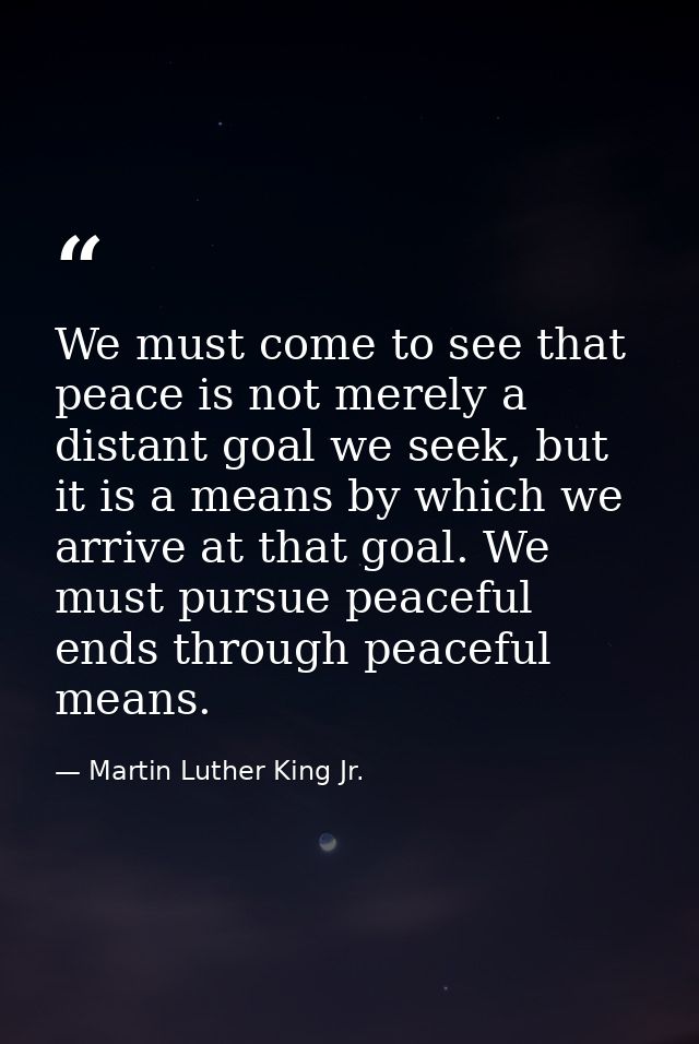 We must come to see that peace is not merely a distant goal we seek, but it is a means by which we arrive at that goal.  — Martin Luther King Jr.