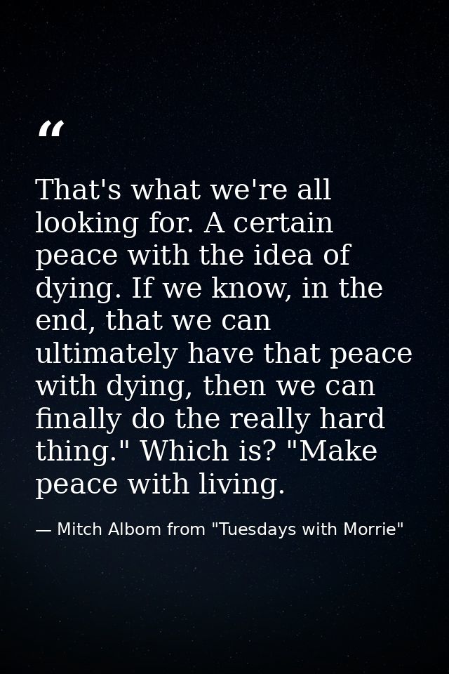 That's what we're all looking for. A certain peace with the idea of dying. If we know, in the end, that we can ultimatel — Mitch Albom from "Tuesdays with Morrie"