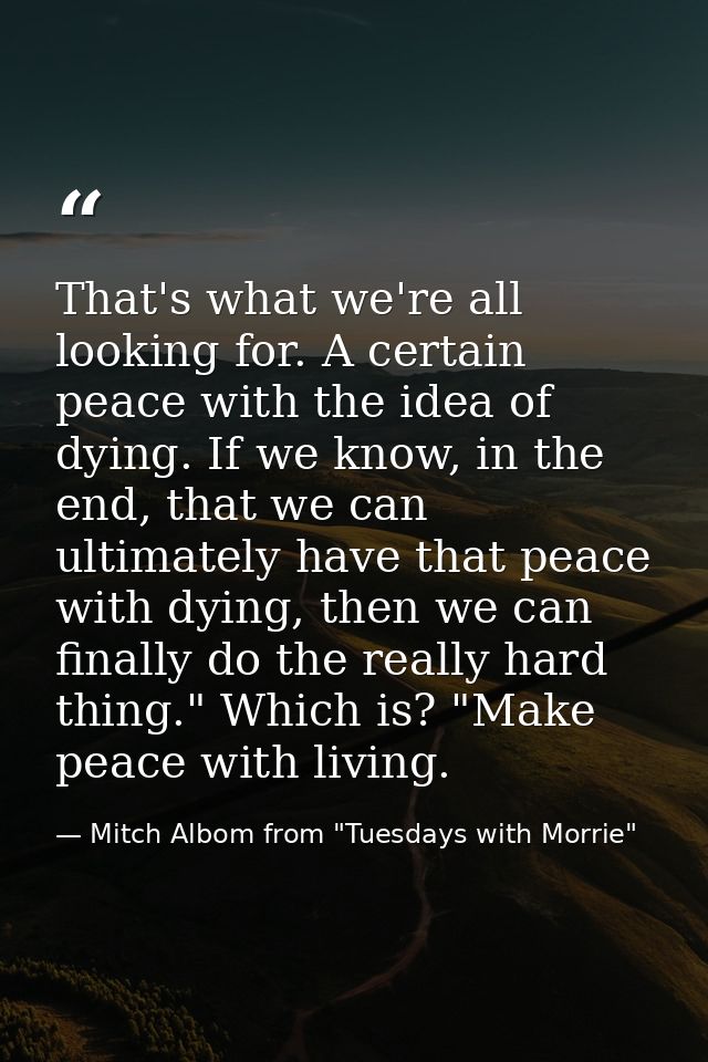 That's what we're all looking for. A certain peace with the idea of dying. If we know, in the end, that we can ultimatel — Mitch Albom from "Tuesdays with Morrie"