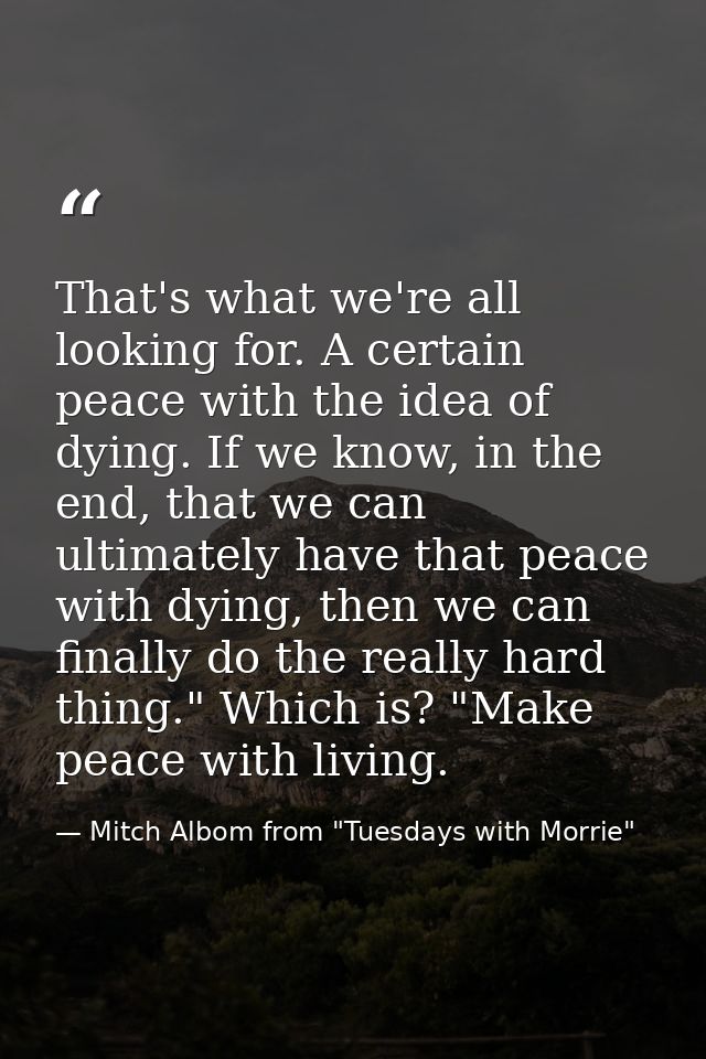 That's what we're all looking for. A certain peace with the idea of dying. If we know, in the end, that we can ultimatel — Mitch Albom from "Tuesdays with Morrie"
