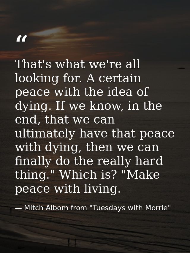 That's what we're all looking for. A certain peace with the idea of dying. If we know, in the end, that we can ultimatel — Mitch Albom from "Tuesdays with Morrie"