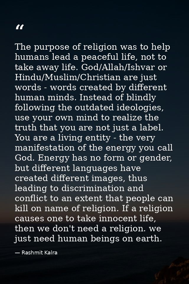 ​The purpose of religion was to help humans lead a peaceful life, not to take away life. God/Allah/Ishvar or Hindu/Musli — Rashmit Kalra