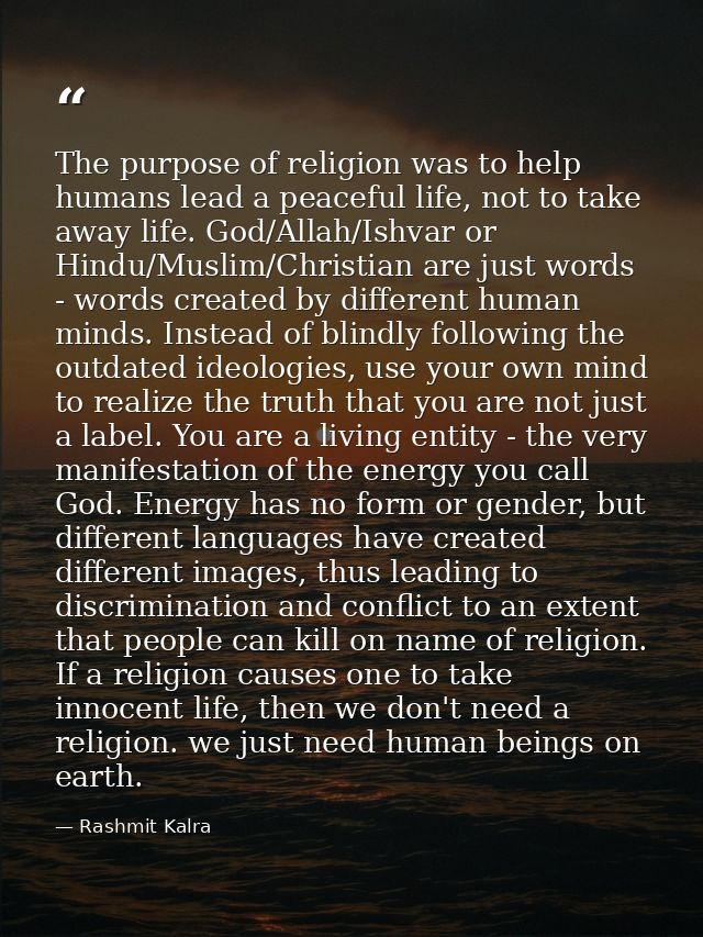 ​The purpose of religion was to help humans lead a peaceful life, not to take away life. God/Allah/Ishvar or Hindu/Musli — Rashmit Kalra