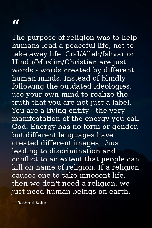 ​The purpose of religion was to help humans lead a peaceful life, not to take away life. God/Allah/Ishvar or Hindu/Musli — Rashmit Kalra