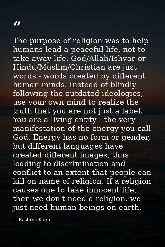 ​The purpose of religion was to help humans lead a peaceful life, not to take away life. God/Allah/Ishvar or Hindu/Musli — Rashmit Kalra