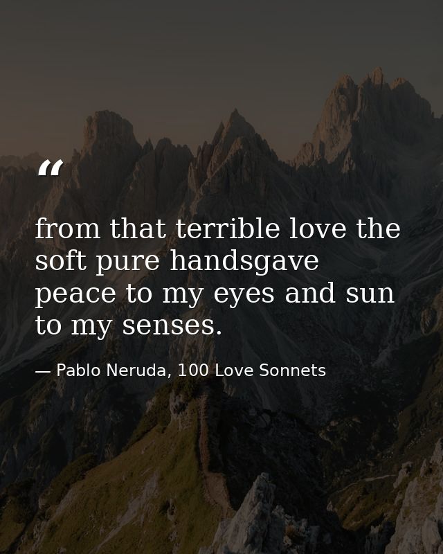 from that terrible love the soft pure handsgave peace to my eyes and sun to my senses. — Pablo Neruda, 100 Love Sonnets