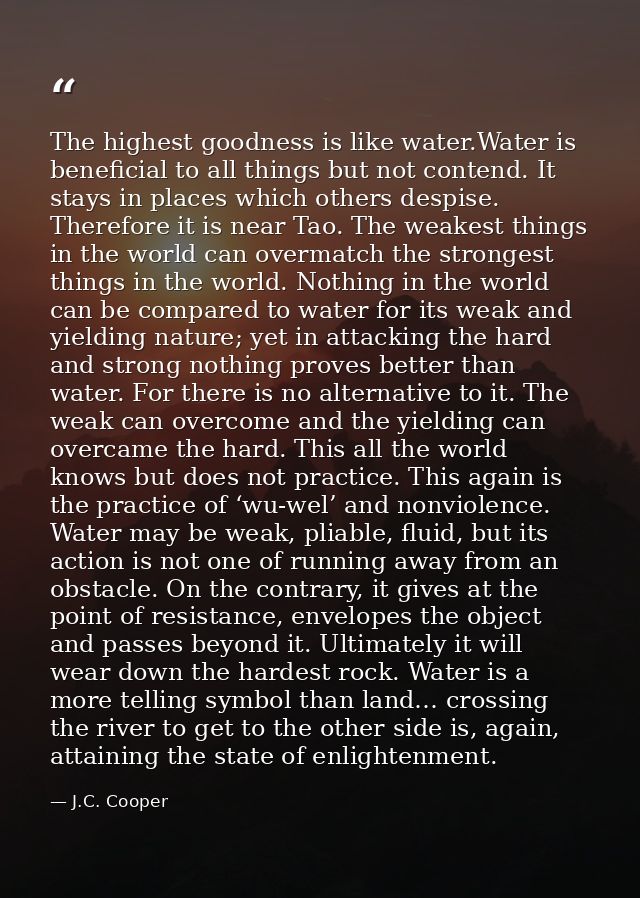 The highest goodness is like water.Water is beneficial to all things but not contend. It stays in places which others de — J.C. Cooper